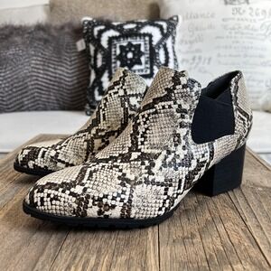 Vionic Boots Womens Size 7 Beige Belmont Ankle Booties Snake Print Block Heel